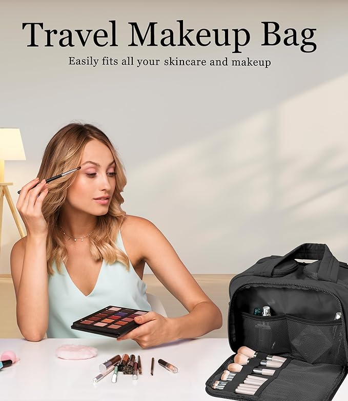 BUZFOWU Travel Toiletry Bag for Women, Large Wide-open Puffy Cosmetic Makeup Bag with Wet-Dry Separation, Multi-Pocket Organizer with Carry Handle for Toiletries, Cosmetics, Essentials, Black