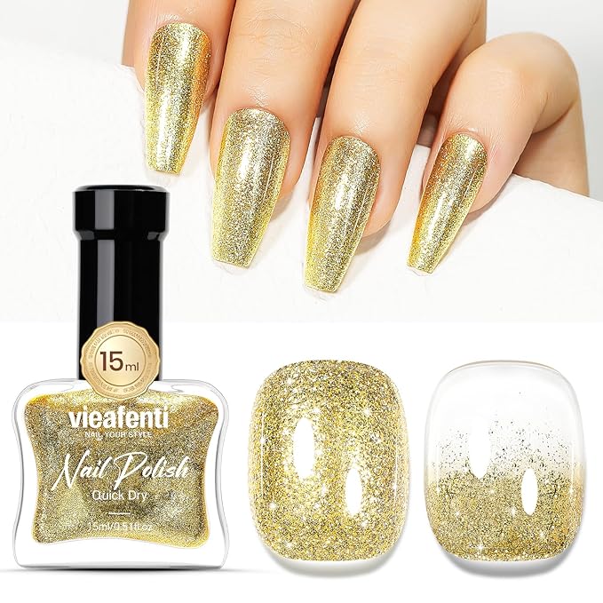 Glitter Gold Nail Polish 15ml, Christmas Quick Drying Nail Polish Regular Shimmer Long-Lasting Air Dry Oil-Base Nails Polish Non Gel DIY Salon At Home