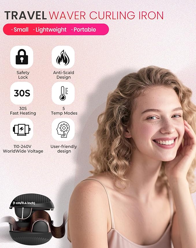 Mini Waver Hair Tool Crimper for Women Short Hair 0.4 inch Travel Double Barrel Small S Waver Ceramic Curling Iron (110-240V) Dual Voltage with 5 Temps, Anti-scalding (Black with EU/UK Plug Adapter)