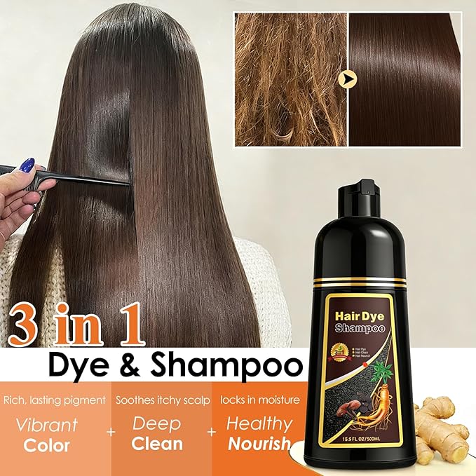Hair Dye Shampoo 3 in 1 for Women Men, 100% Gray Coverage Root-to-Tip Coloring & Care, Long-Lasting Hair Color Shampoo with Natural Extracts, Easy Home Use for All Hair Types 16.9 fl oz (Dark Brown)