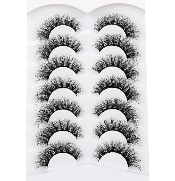 Pooplunch Cat Eye Lashes False Eyelashes Volume Thick Crossed 16MM Wispy Curly Fluttery Faux Mink Lashes 8D Fake Eyelash Strips 7 Pairs Pack