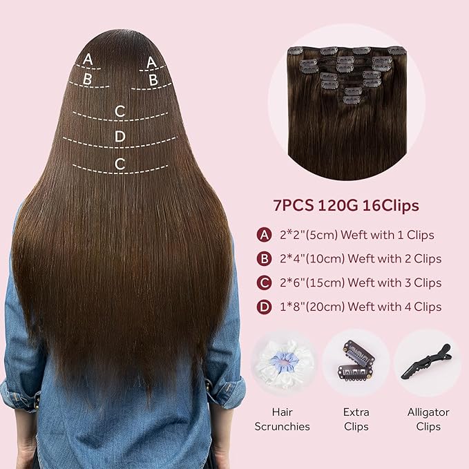 Clip in Hair Extensions Real Human Hair, 100% Remy Chocolate Brown Hair Extensions for Long Hair, Tangle-free&Shedding-free, #4 20Inch 120G 7PCS