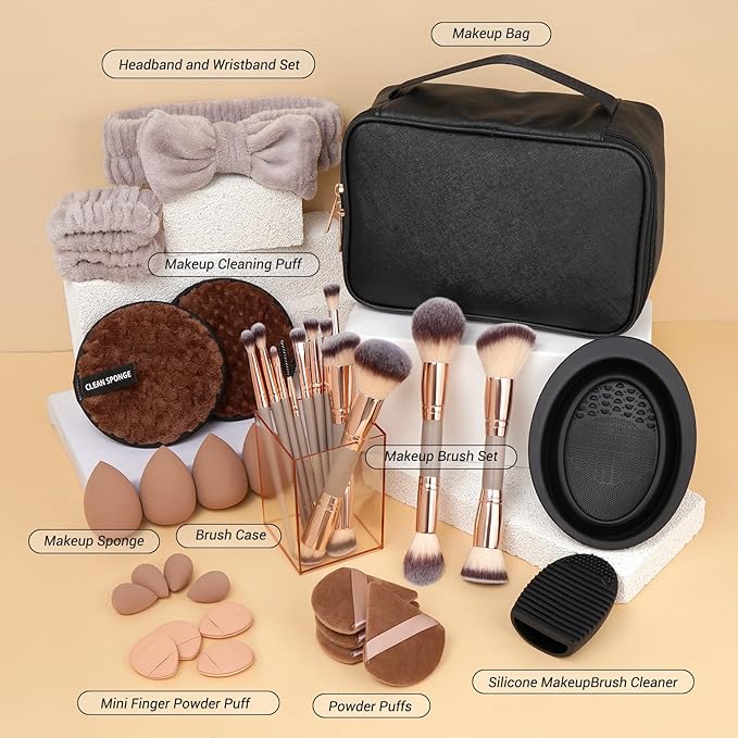 MAGEFY Makeup Brushes 37 Pcs Makeup Kit, Multi-functional Makeup Tool Set with Double-End Powder Blush Eyeshadows Brush Make up Brushes Set Bag,Champagne