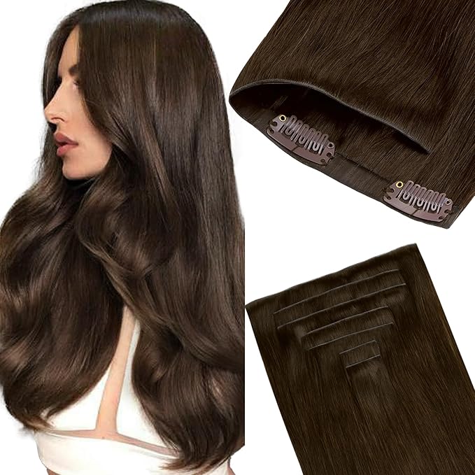 GOO GOO Invisi Edge Clip in Hair Extensions 24inch 150g 7Pcs Injected Seamless PU Clip in Hair Extensions, Virgin Real Human Hair, #4A Chocolate Brown