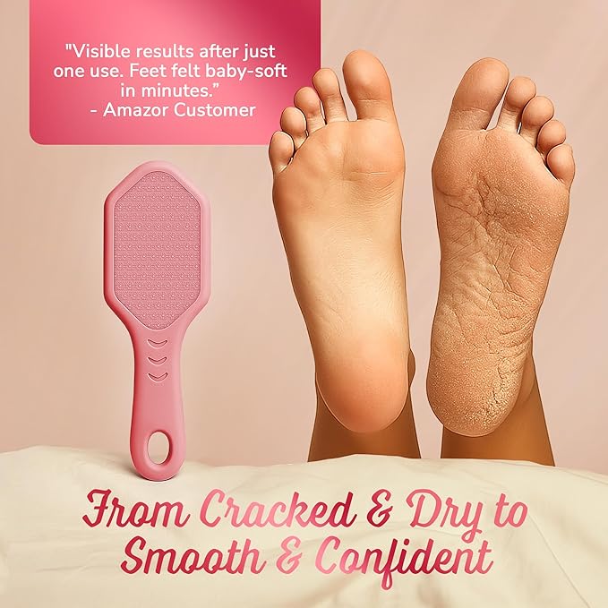 Nano Glass Foot File - Silicone Foot Callus Remover for Feet and Cracked Heels - Heel Scraper for Dead Skin - Ergonomic Foot Scrubber & Exfoliator for Shower with Non-Slip Grip - Pink
