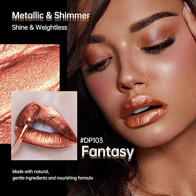 3Pc Lipsticks Set for Women Metallic Lipstick Long Lasting Dark Red Bronze Pink Lip Gloss, Metal Shine Lightweight Hydrating Full Coverage Lip Color, DP103/104/114