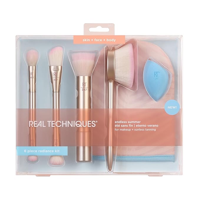 Real Techniques Endless Summer Makeup Brush Kit, Face Brushes, For Foundation, Powder, Highlight, Contour, & Bronzer, Inlcudes Tanning Mitt, Premium Quality, 6 Piece Set