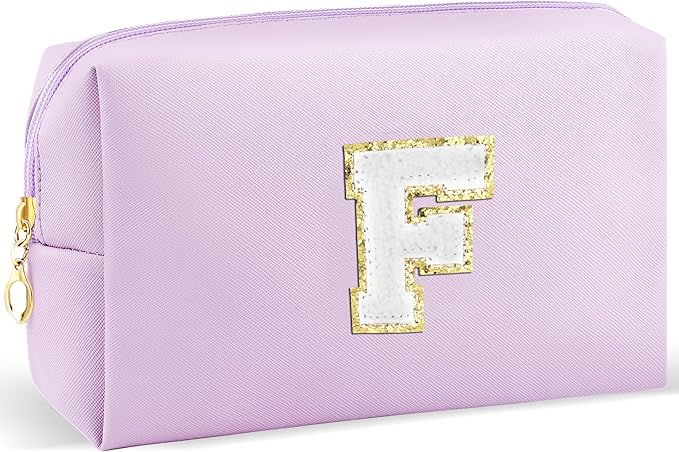 URSKYTOUS Gifts for Girls Initial Makeup Bag Personalized Cosmetic Bag with Zipper Cute Travel Toiletry Bag Waterproof PU Preppy Makeup Pouch Birthday Gift for Teen Girls Women(Purple F)