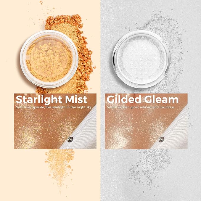 BEPHOLAN Highlighter Powder,High Gloss Glitter,Sparkling Powder Makeup for Face and Body - High-Pigment Shimmer Makeup, Long-Lasting & Buildable（Gilded Gleam 10g）
