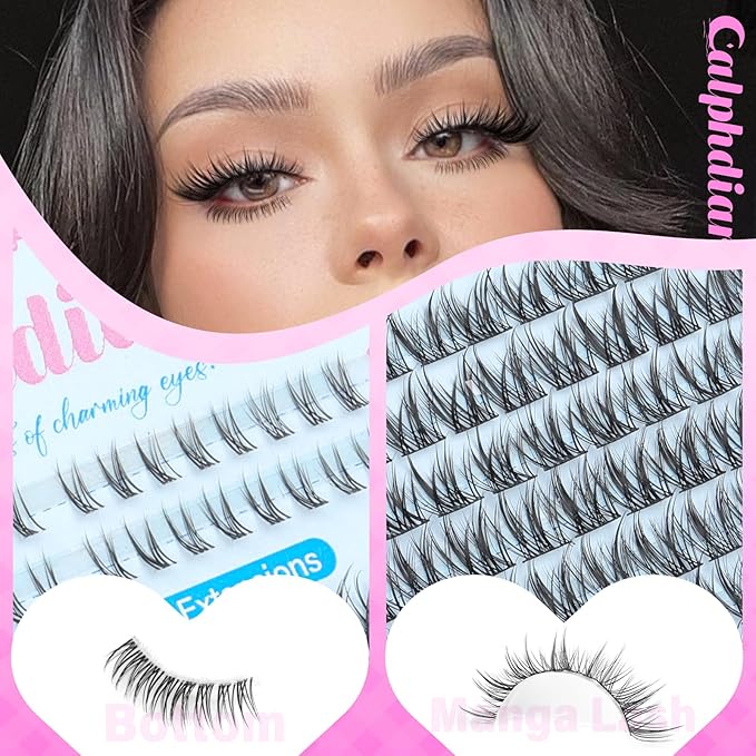 calphdair Natural Lash Clusters with Bottom Lashes DIY Wispy Cluster Eyelash Extensions C-curly Individual Lashes 11-13mm Short Eyelash Clusters Manga Cluster Lashes with Bottom Lash Extension 164pcs