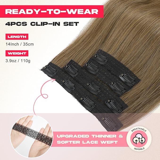 Hair Extensions, 14" Short Clip in Hair Extensions 4PCS Straight Natural Soft Synthetic Hairpiece for Women - Ash Brown