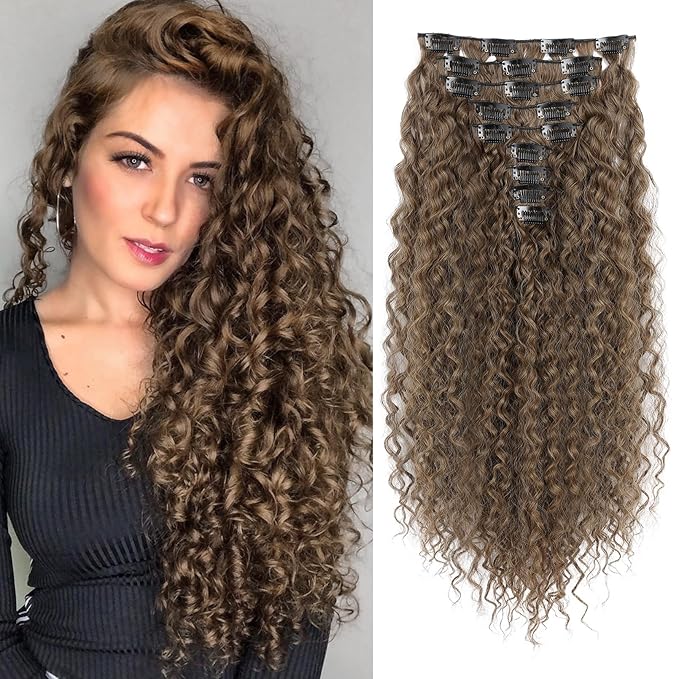 LONAI Hair Extension,9PCS 22" Curly Clip in Hair Extensions LN002 Long Soft Thick Synthetic Hairpieces for Women-Dark Ash Brown