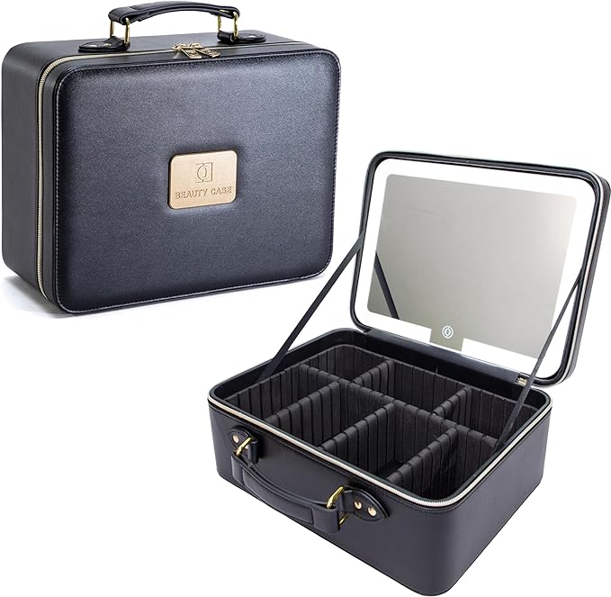 ZhenGuiRu Travle Makeup Bag with LED Mirror, Portable Makeup Artist Organizer Case with Lighted Mirror, Makeup Bag with Adjustable Dividers, Cosmetic Brush Storage Box for Women Gift
