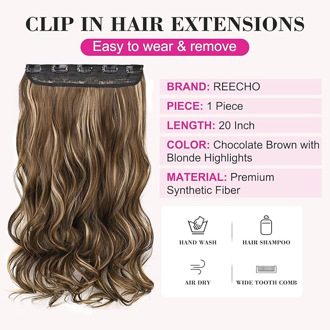 REECHO 20" 1-pack 3/4 Full Head Curly Wave Clips in on Synthetic Hair Extensions HE008 Hair pieces for Women 5 Clips 4.5 Oz Per Piece - Chocolate Brown with Blonde Highlights