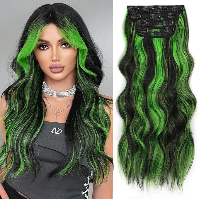 ALXNAN Clip in Long Wavy Synthetic Hair Extension 24 Inch Black Mix Green Highlights 4PCS Thick Hairpieces Fiber Double Weft Hair for Women