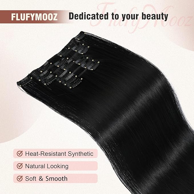 FLUFYMOOZ 6PC Clip in Hair Extensions 24" Straight Long Extensions for Women Synthetic Hairpiece (Natural Black)