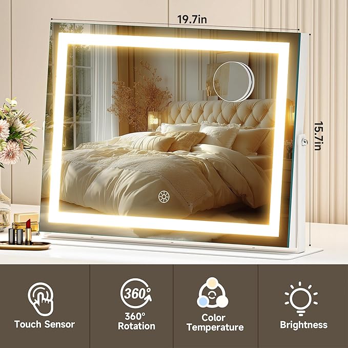 Hasipu Vanity Mirror with Lights, 19.6" x 15.7" LED Makeup Mirror, 3 Color Modes Touch Control and Brightness Adjustment Lighting Mirror, 10X Magnifying Glass, 360° Rotation