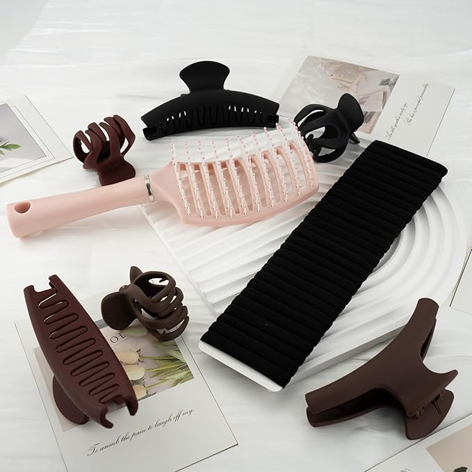 Dark Tones Hair Accessories Set - 3 Large Hair Claw Clips, 3 Small Claw Clips, Hair Brush, 28 Hair Ties for Women | Non-Slip for Thick & Thin Hair (Burgundy, Brown, Black)