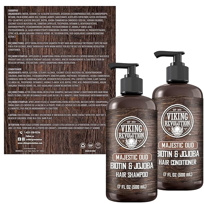 Viking Revolution Majestic Oud Mens Shampoo and Conditioner Set with Biotin and Jojoba Oil - Natural Hair Shampoo and Hair Conditioner for Men with Vitamin B5 - Mens Shampoo for Thinning Hair (17Oz)