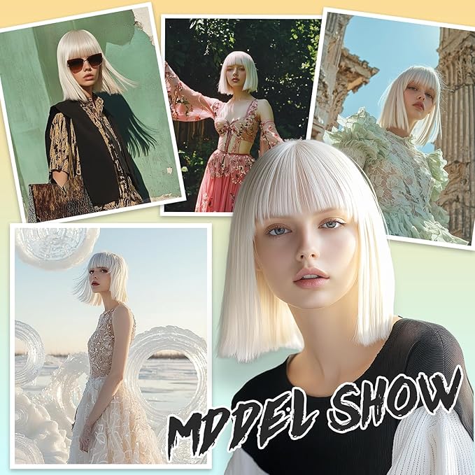 White Wig With Bangs Short Bob Straight Wigs for Women Shoulder Length White Natural Looking Synthetic Heat Resistant Fiber Wigs for Halloween Costumes Cosplay Daily Use(12 Inch)