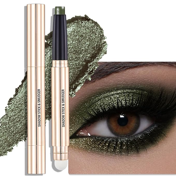 Dark Green Eyeshadow Stick - Dual-Ended Long-Lasting Shimmer Cream Eye Shadow for Older Women Crease-Proof Smoky Metallic Eyeshadow Pencil, Multi-Use Eye Highlighter Makeup with Built-in Smudger