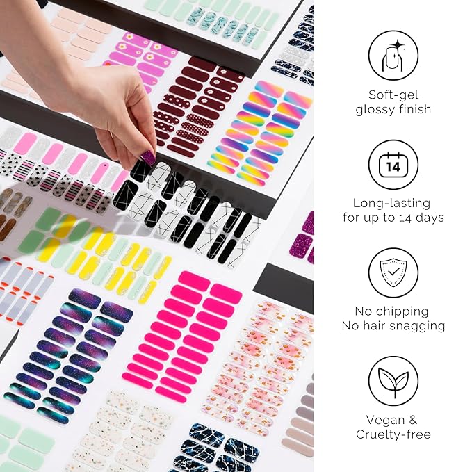 Semi Cured Gel Nail Strips - NAILOG 20 Pcs Dark Brown Nail Stickers Extra Long Wraps with Glossy Gel Finishing for Autumn Winter, Heather