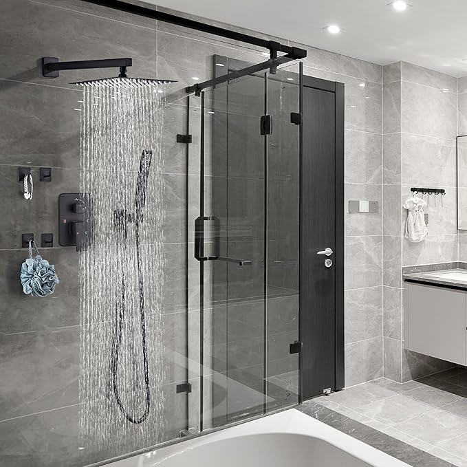 LCEVCGK Shower Faucet Set, Matte Black Rainfall Shower System Complete Wall Mounted for Bathroom with 12 Inch Square Shower Head and Handheld Shower Head Rain Mixer Combo Set