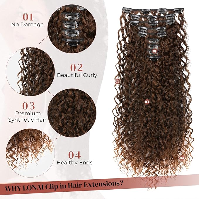 LONAI Hair Extension,9PCS Brown 22" Curly Clip in Hair Extensions LN002 Long Soft Thick Synthetic Hairpieces for Women-Almond brown