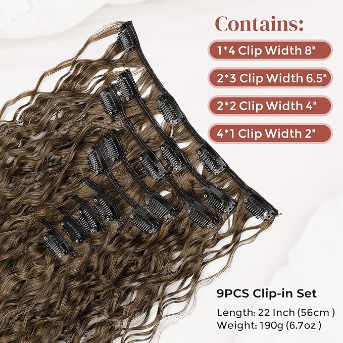 Hair Extension, LONAI 9PCS Clip in Hair Extensions, LN002 22" Long Curly Thick Heat Resistant Synthetic Soft Deep Wave Hairpieces for Women-Dark Blonde