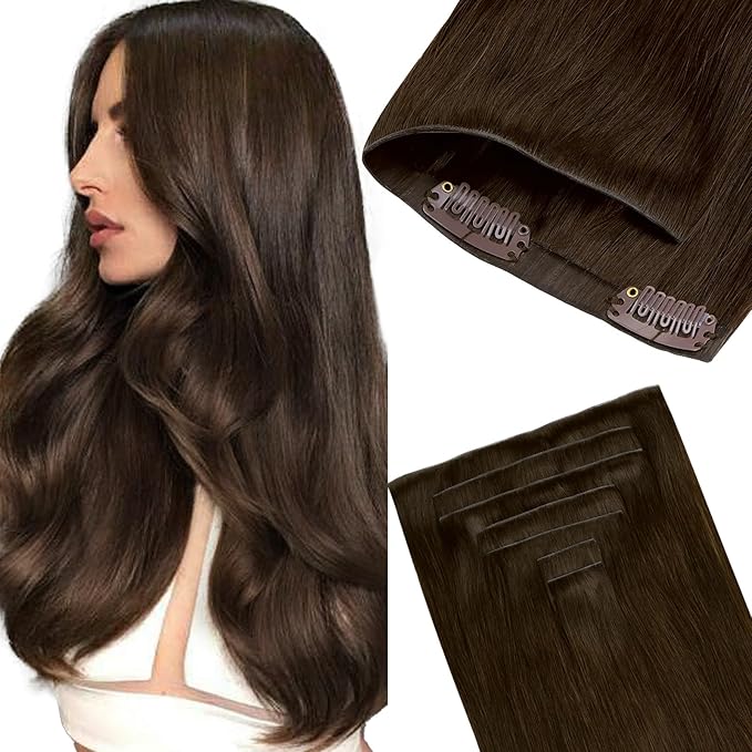 GOO GOO Invisi Edge Clip in Hair Extensions 16inch 110g 7Pcs Injected Seamless PU Clip in Hair Extensions, Virgin Real Human Hair, 4A Chocolate Brown