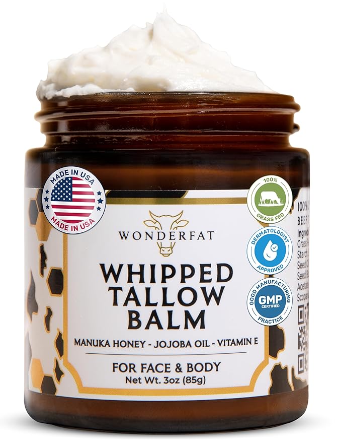 Wonderfat - Grass-Fed Whipped Tallow Balm – Face & Body Moisturizer with Manuka Honey – Lightweight, Fast-Absorbing Hydration for Dry, Sensitive Skin – Unscented, Clean Formula – 3 oz