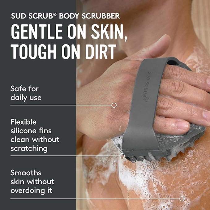 Sud Scrub® Antimicrobial Silicone Body Scrubber, Exfoliating Body Scrubber for Sensitive Skin, Eco Friendly Shower Scrubber for Body, Silicone Body Brush for Showering, Charcoal