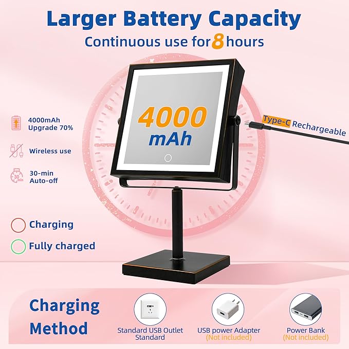 Ruacq Rechargeable Makeup Mirror, 4000mAh Lighted Makeup Mirror with Magnification 1X/10X, Height Adjustable Vanity Mirror with Lights, 3 Color Lights, Adjustable Brightness, (Oil Rubbed Bronze)