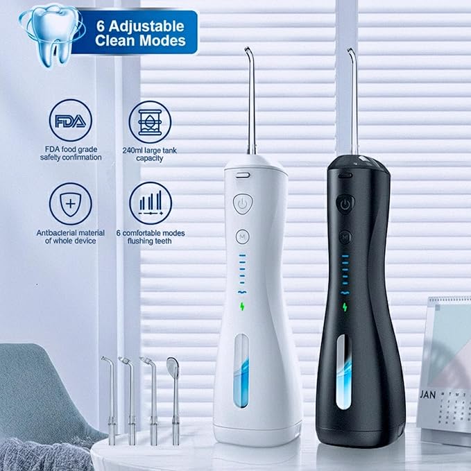 Portable Cordless Water Flosser for Teeth Cleaning – 6 Modes, 30-140 PSI, USB Type-C Rechargeable 2000mAh Battery, IPX7 Waterproof, 4 Nozzles, Ultra-Quiet, Travel-Friendly Oral Irrigator (Black)
