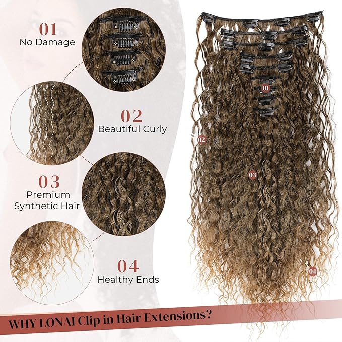 Hair Extension, LONAI 9PCS Clip in Hair Extensions, LN002 22" Long Curly Thick Heat Resistant Synthetic Soft Deep Wave Hairpieces for Women-Dark Blonde