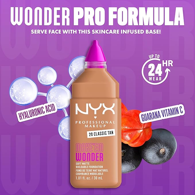 NYX PROFESSIONAL MAKEUP Make 'Em Wonder Liquid Foundation, 24HR Foundation Makeup With A Soft Matte Finish, Buildable Full Coverage - 20 Classic Tan