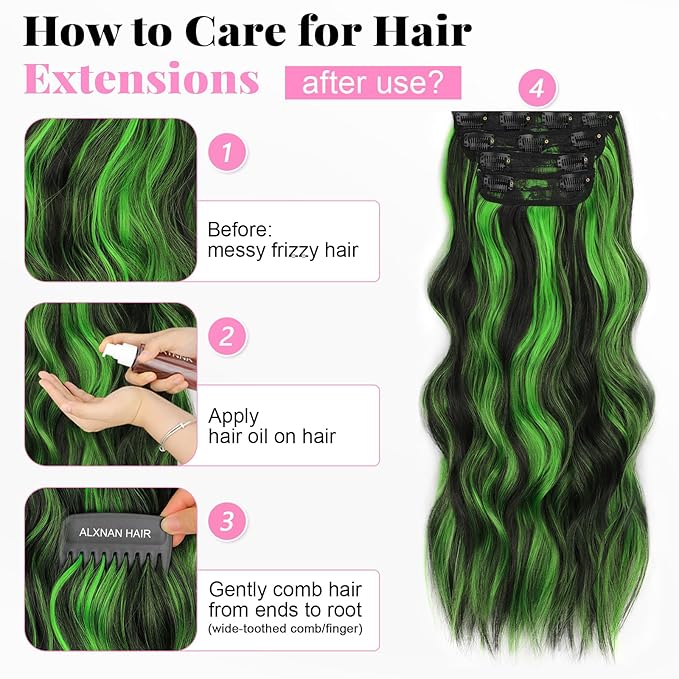 ALXNAN Clip in Long Wavy Synthetic Hair Extension 20 Inch Black Mix Green Highlights 4PCS Thick Hairpieces Fiber Double Weft Hair for Women