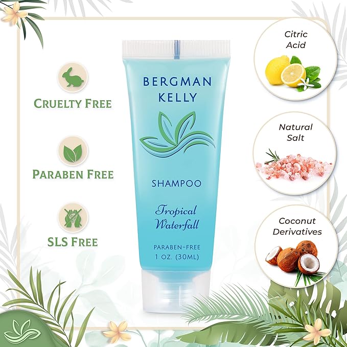 BERGMAN KELLY Hotel Toiletries Bundle (Tropical Waterfall, 1 oz each, 200 Pieces) 4-Piece Set: 50 Rectangular Bar Soap, 50 Shampoo, 50 Conditioner & 50 Body Lotion - Bulk Mini Guest Amenities