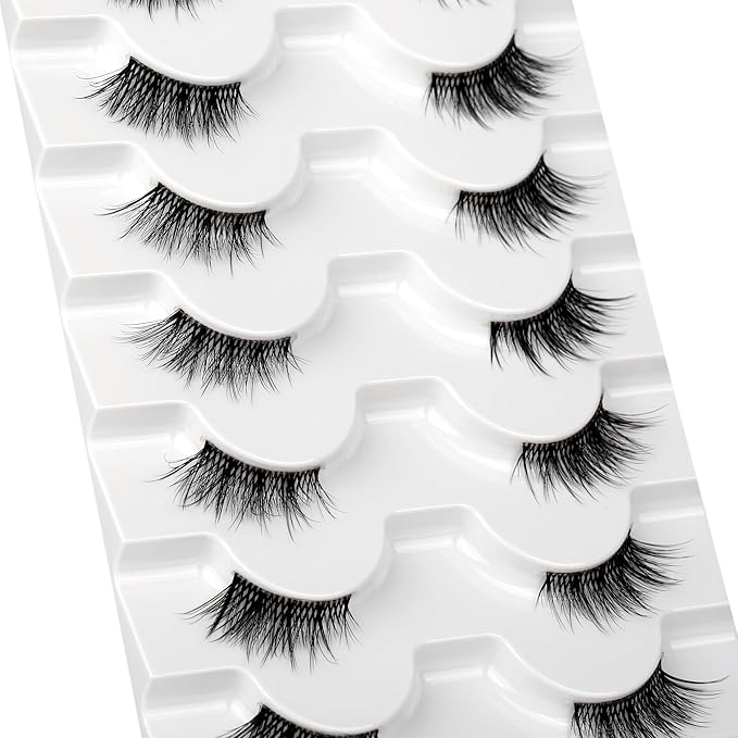Natural Half Lashes Strips for Nude Makeup Fake Eyelashes Cat Eye Look Wispy Volume Fluffy 3/4 Band Asian Short Wispies Lashes 8 Pairs Small Accent Lash Clusters Extension Faux Mink Lashes Pack