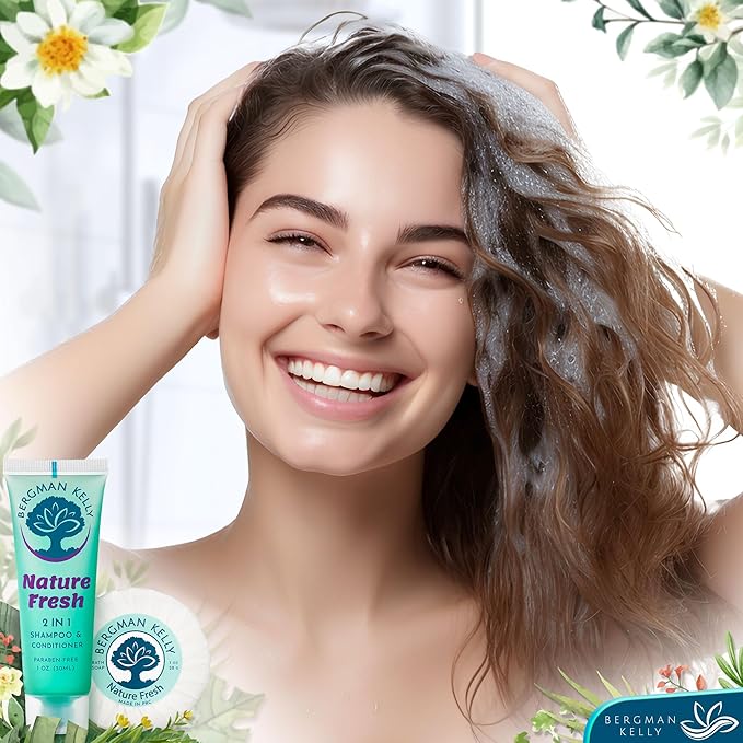 BERGMAN KELLY Round Soap Bars, 2in1 Shampoo & Conditioner 2-Piece Set (Nature Fresh, 1 oz each, 100 pc), Delight Your Guests with Refreshing & Soothing Hotel Amenities & Bulk Toiletries