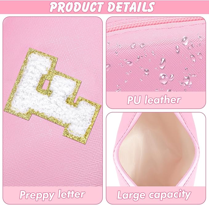 URSKYTOUS Initial Makeup Bag Personalized Preppy Travel Small Cosmetic Bag Cute PU Pink Chenille Letter Makeup Pouch for Purse Waterproof Zippered Toiletry Organizer for Women Girls Kids Friends (F)