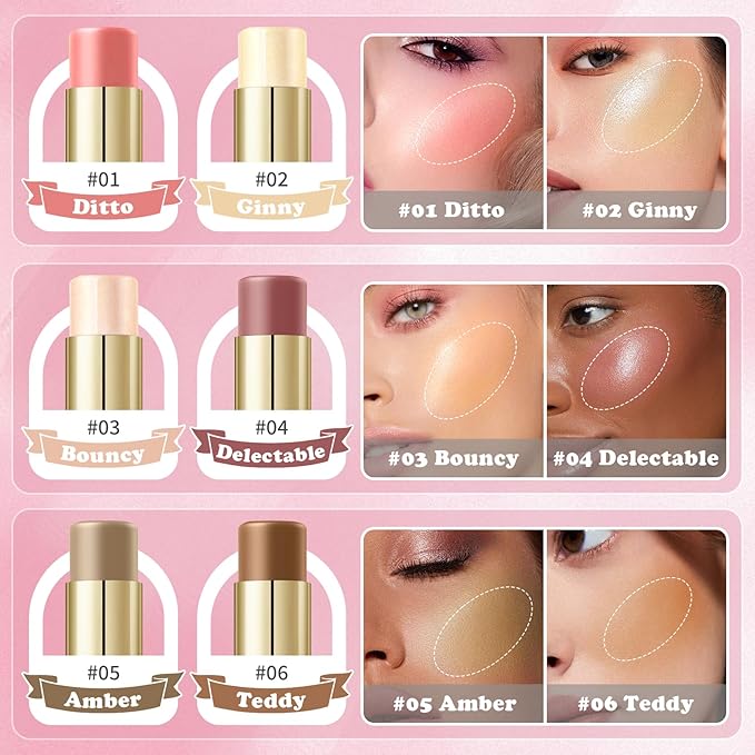 AWCCXMYM 6 Colors Cream Contour Stick Makeup Set Dual-ended Blush & Highlighter Bronzer Stick for Sculpt the Cheeks Long Lasting & Waterproof Matte Finish Face Contouring Set A