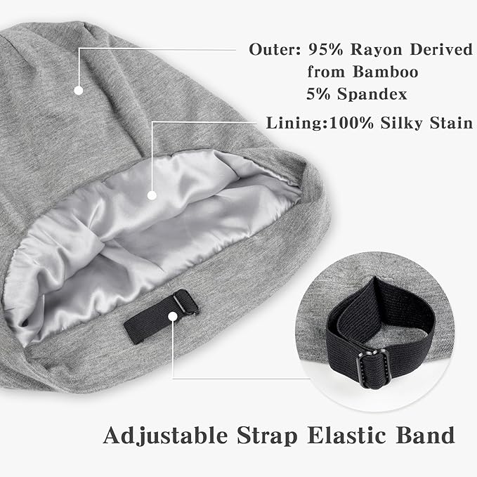 Fittia Satin Hair Bonnet for Sleeping, Silky No Frizzy for Curls Care, Adjustable Strap for Non-Slip, Dreadlocks Cap for Women&Men Light Grey