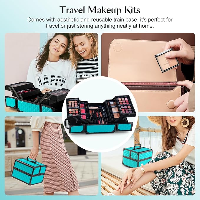 Color Nymph All In One Makeup Kit Comestics Gifts for Girls Teens, Travel Makeup Set 4 Trays Train Case for Beginner Includes Eyeshadow Highlighter Lipgloss Blush Concealer Brush Eyeliner Lipbalm