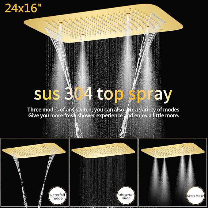 AYIVG Brushed Gold Multi Functions Rain Shower Head System With Spa Body Spray Jets 16X24 Inch Thermostatic Shower Mixer Set Temperature Display Rainfall Shower System Full Body Shower Faucet Set