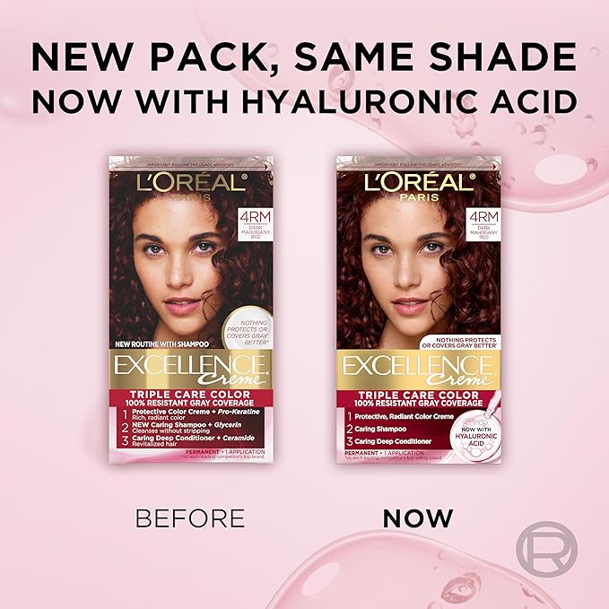 L'Oreal Paris Excellence Crème Permanent Hair Dye, Triple Care Hair Color with Hyaluronic Acid for 100% Gray Coverage, 4RM Dark Mahogany Red, 1 Kit (Packaging May Vary)