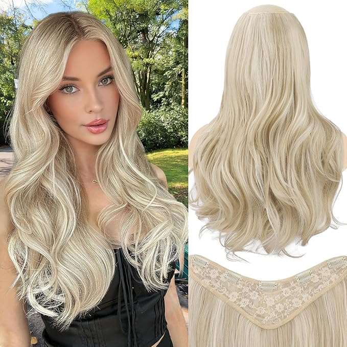 ALXNAN Long Wavy Layered Hair Extensions for Women, Clip in Hair Extensions Clip Ins Soft Full Head Synthetic Hairpieces 20 Inch Light Brown with Platinum Blonde