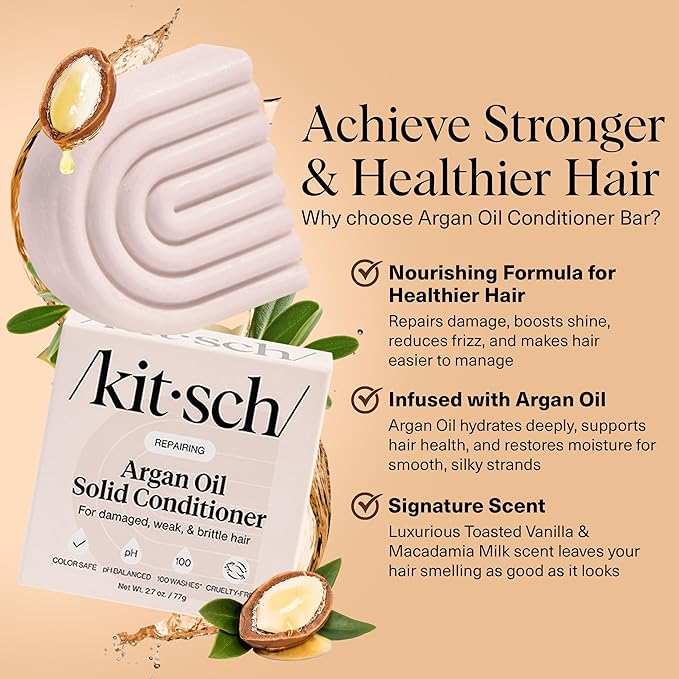 Kitsch Argan Oil Conditioner Bar – Repairing Hair Conditioner for Damaged Hair, Anti-Frizz – Strengthening, Moisturizing Hair Care – Paraben, Silicone & Sulfate-Free – Made in USA - 2.7 oz | Repairing, for Women and Men, Made in USA