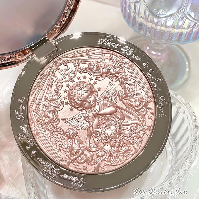 Flower Knows Little Angel Embossed Highlighter- Rose Champagne Highlighter Powder,Warm Rose Gold,Pearly Shimmer,Long-Lasting Radiant Dewy Glow,Feather-Light, Luxurious Velvet Finish(L02 Paradise Lost)