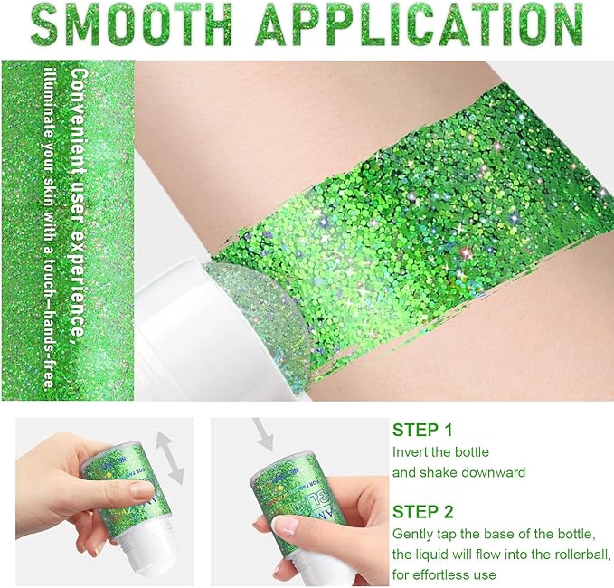 Roll-on Holographic Body Glitter Gel for Face and Hair, Chameleon Color Changing Glitter Gel Under Light, Chunky Mermaid Sequins Festival Party Rave Accessories (Green)